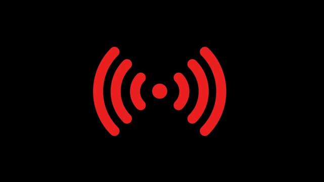 Animated 2D red signal icon pulsing on black background representing live broadcasting wireless communication and network radio waves for digital user interfaces.
