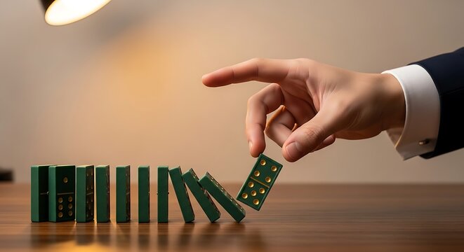 A hand in a business suit about to tip over a row of green dominoes on a wooden table with a lamp shining in the background