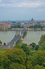Naklejka premium high angle view on chenyi chain bridge over Danube river and pest city, high angle view from Buda hill, Budapest, Hungary