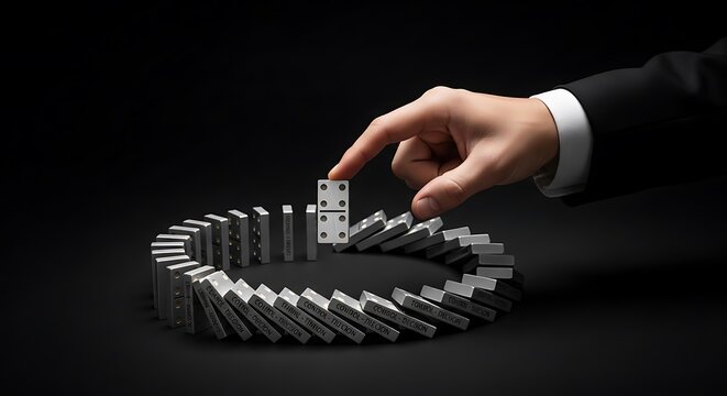 A hand in a business suit is about to tip over a domino that is part of a circle of standing dominoes on a dark background