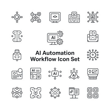 Black and white AI automation workflow hand drawn icon set
