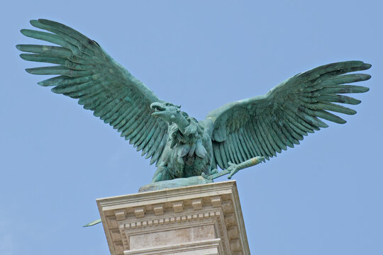 Bronze sculpture of Turul, mythological falcon with a sword. Buda castle, Budapest, Hungary 