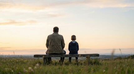 Obraz premium back view of caucasian father and son sitting on wooden bench in grassy field looking at sunset. family outdoor leisure, bonding in nature. copyspace, banner, website header.