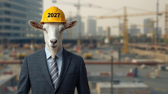Goat-headed figure in a business suit and hard hat stands confidently at a construction site with cranes and buildings in the background. Symbol of 2027 year business concept.