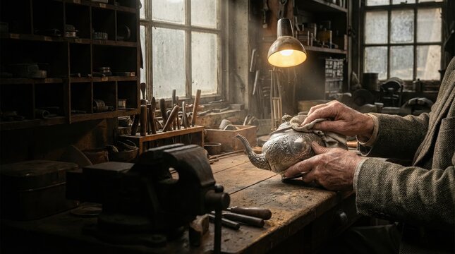 older craftsman polishing silver teapot in rustic workshop. antique restoration and traditional silversmith skills. dusty workbench with tools under warm lamp light. banner, website header.