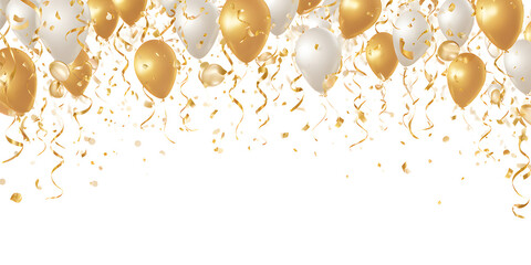 Naklejka premium Gold and white balloons falling with confetti
