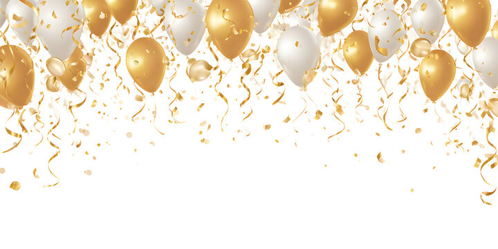 Gold and white balloons falling with confetti