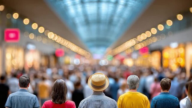 Crowd in Shopping Mall: A vibrant scene unfolds as a large gathering of individuals navigate a bustling shopping mall, their presence creating a dynamic atmosphere of activity and movement.