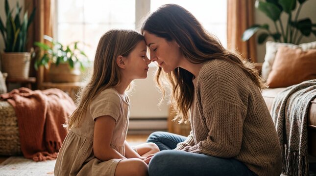 caucasian mother and little daughter touching foreheads in cozy living room. happy family bonding, parenting, unconditional love and affection concept. website header, banner, blog post, greeting card