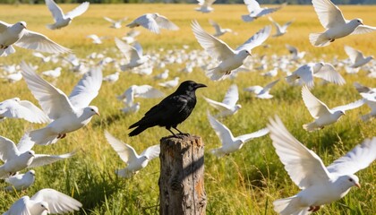 Naklejka premium Black raven sitting on a wooden post in the middle of a flock of flying white doves. Concept of individuality, being different and standing out from the crowd. Uniqueness challenge.