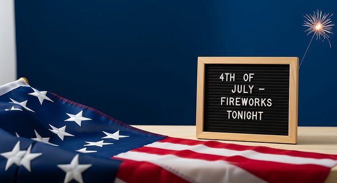 American flag on a table with a sign announcing 4th of july fireworks tonight on a blue background