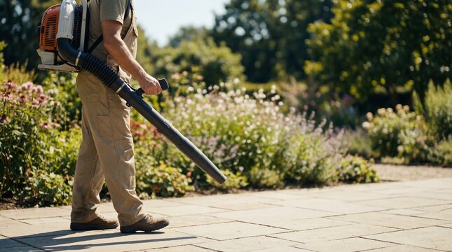 landscaper using backpack leaf blower on stone path in lush garden. professional yard maintenance and landscaping service concept. sunny day. website header, banner with copyspace.