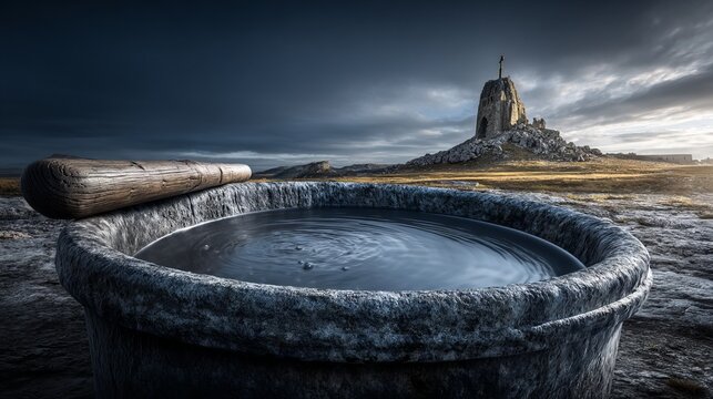 Serene Baptismal Basin Filled with Still Water Against Natural Backdrop