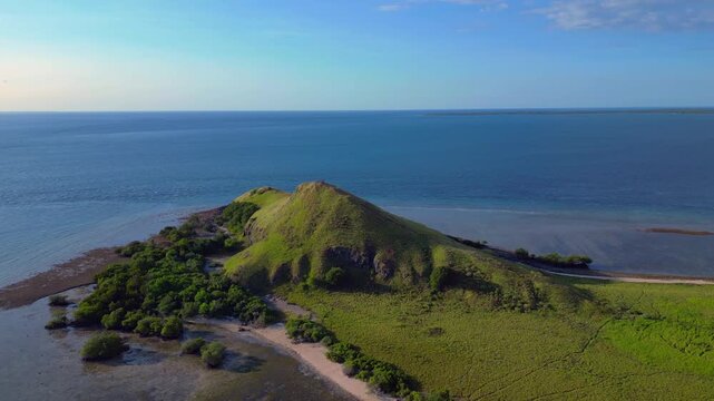 speed ramp Pulau kenawa hills island, boats anchoring Great aerial view drone