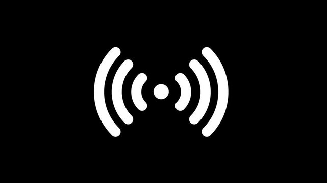 Animated 2D white signal icon pulsing on black background representing live broadcasting wireless communication and network radio waves for digital user interfaces.
