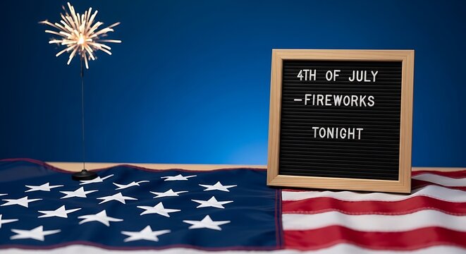 American flag with sparklers and letter board announcing 4th of july fireworks tonight on a blue background