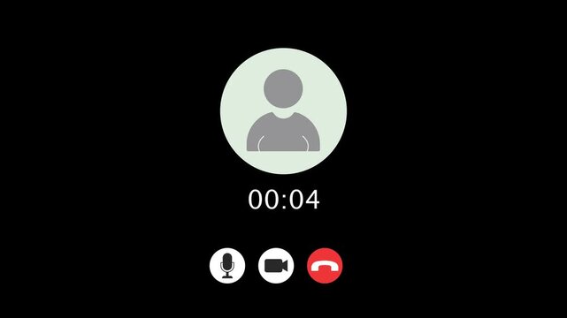 2D animated video call interface with running timer and control buttons on a black background for digital communication and mobile app concept videos.
