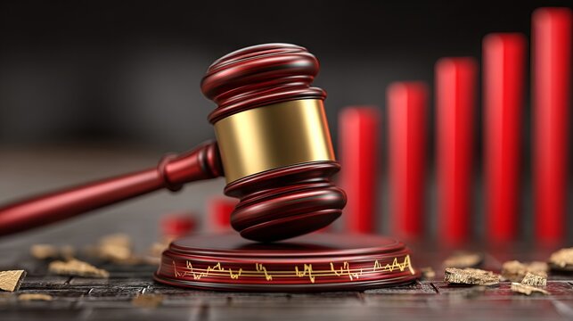 Judge Gavel Positioned Near Oversized Bar Chart for Legal Financial Concept