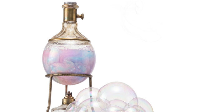 Ornate vintage laboratory retort featuring a dreamy pastel potion and iridescent bubbles, isolated on a clean white background for a mystical scientific or magical chemistry laboratory concept.