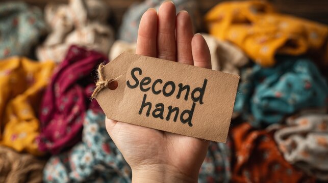 Hand holding a tag that says Second Hand amidst a colorful background of various fabrics showcasing the beauty of pre-owned clothing. Generative AI