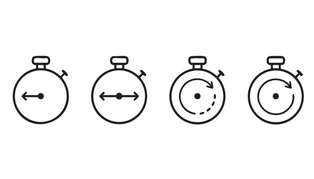 Set of four minimalist line art icons depicting stopwatches with different directional arrows indicating time measurement concepts isolated on transparent background