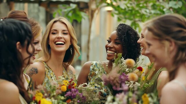 Beautiful multiethnic bridesmaids and bride laughing together, holding colorful flower bouquets during a wedding ceremony celebration, representing female friendship and happiness
