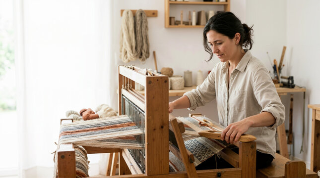 Female artisan weaving fabric on a traditional wooden floor loom. Woman creating handmade textiles with yarn in a bright craft studio