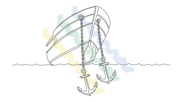 One line drawing of ship bow with anchors hanging down, sea waves, colorful background, marine concept, naval theme.