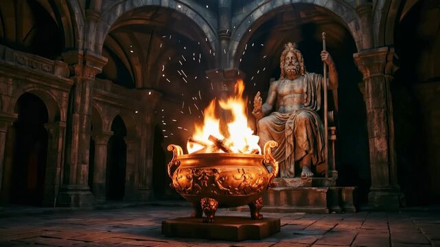 Ancient stone temple interior with a majestic statue of Zeus sitting on a throne, a bronze cauldron burning brightly with crackling embers and flying sparks illuminating the dark hall