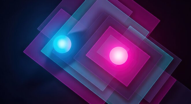 Abstract geometric shapes with glowing orbs in shades of blue and pink