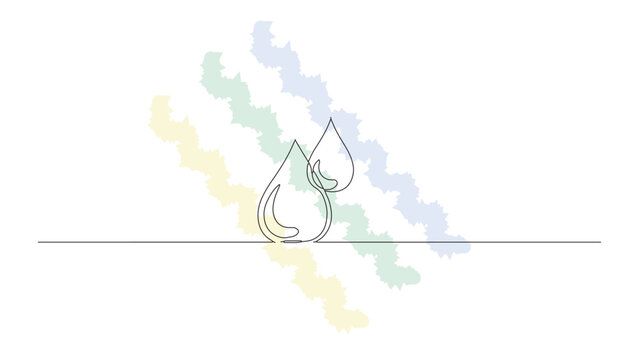 Simple water drop duo illustration using thin continuous line technique with ripples and splashing effect over pastel colored background.