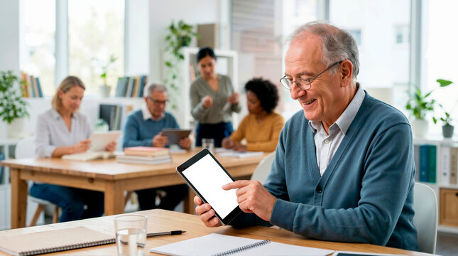 Smiling elderly man using a digital tablet with a blank screen in an adult education class. Senior student learning new technology