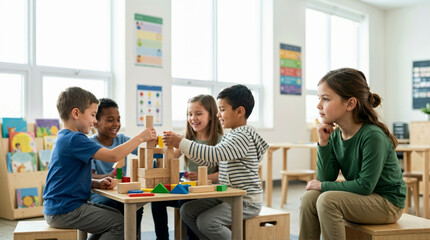 Fototapeta premium Young girl watching diverse children play with wooden blocks. Thoughtful student observing classmates building in a classroom