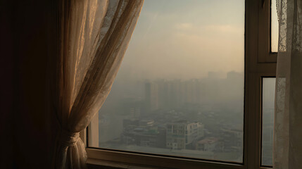 Naklejka premium Hazy Urban Skyline View from Apartment Window During Golden Hour, Soft Sunlight Through Sheer Curtain, Tranquil Cityscape Morning