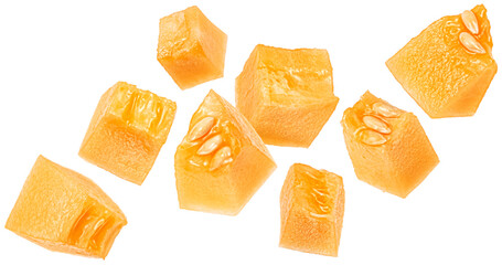 Obraz premium Sweet melon pulp cubes isolated on white background with clipping path