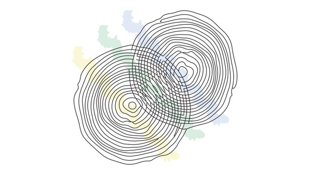 Continuous line drawing of abstract overlapping circular wood grain patterns representing growth rings or nature cycles on colorful shapes.