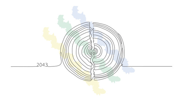 One line drawing of circular tree rings split in center with year 2043 text indicating future timeline over colorful abstract background.