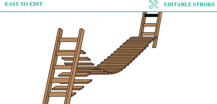 Broken wooden bridge connecting two ladders, concept of difficult transition, unstable path, challenge in progress, risk and uncertainty in decision making, complex problem solving