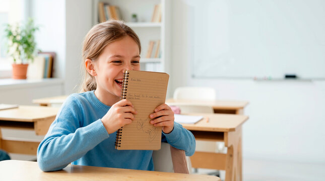 Happy young girl giggling behind a notebook in classroom. Playful elementary student laughing at school desk