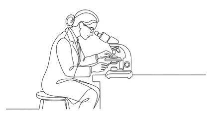 Naklejka premium Continuous one line drawing of a female scientist working with a microscope in a laboratory.