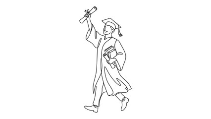 Obraz premium Continuous line drawing of a happy graduate student holding a diploma.