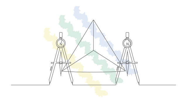Continuous line art showing double compass instruments inside geometric triangular shape representing navigation and discovery concepts.