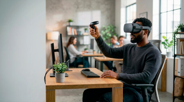 African American man using a VR headset and controller in a modern office. Male developer working with virtual reality technology. Future of business and innovation concept