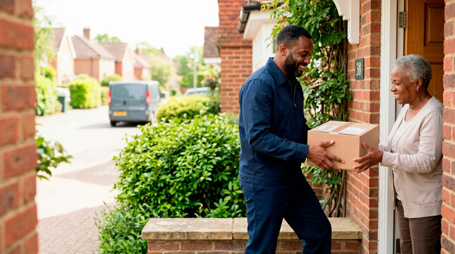 Friendly delivery man giving a package to a senior woman at her home. African American courier delivering a parcel to a customer's front door. E-commerce and shipping service concept