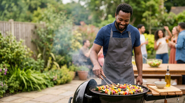 Happy African American man grilling vegetable skewers at a backyard bbq. Healthy vegetarian food cooking on a charcoal grill for a summer party