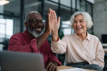Obraz premium Senior couple high fiving and smiling at office workstation