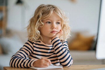 Fototapeta premium Young girl pondering while taking notes at home table