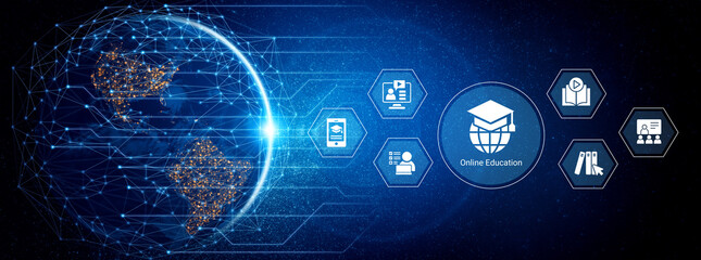 A visually striking image representing global online education through digital connections and icons, showcasing diverse learning opportunities and resources available worldwide. Cyphers © InfiniteFlow