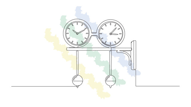 Single continuous line drawing of two clocks with pendulums and colorful elements, abstract artistic representation of time, vintage design style.
