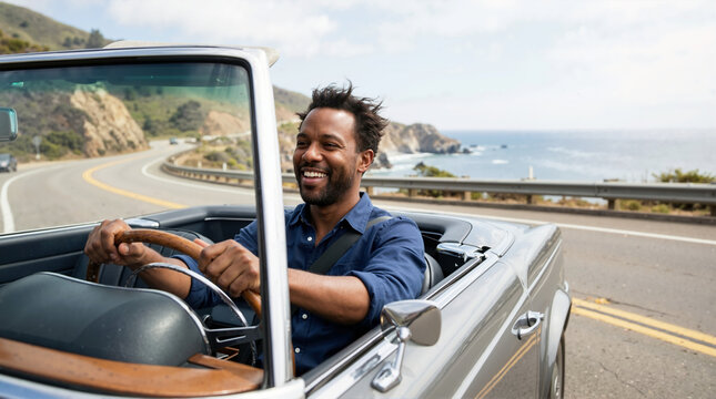 Happy African American man driving a classic convertible on a coastal road trip. Smiling male driver enjoying a scenic journey by the ocean